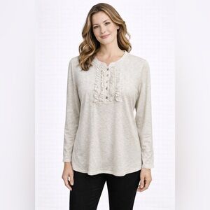 Jill Ruffle Front Henley Tee-Size Large-100% Pima Cotton-Made In Peru